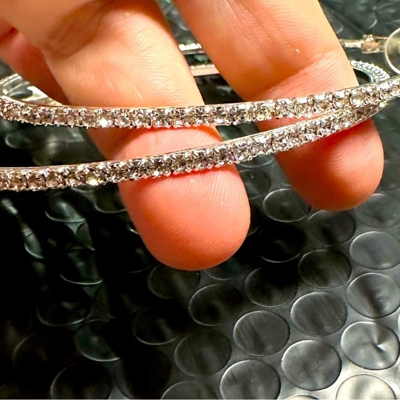 NEW~ Anthropologie Pavé Crystal Silver Hoop Earrings - Picture 7 of 8